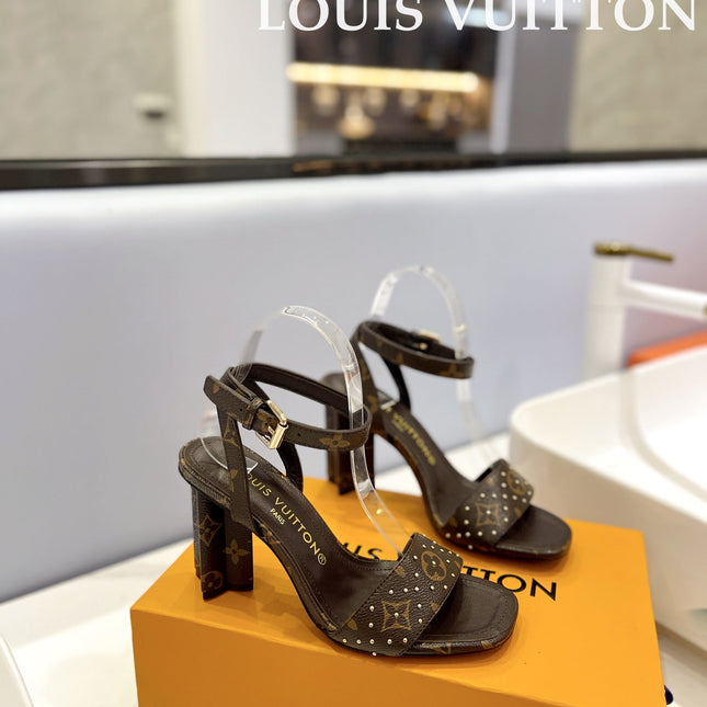 LV 26S HIGH HEEL SANDALS 80 MM IN DARK BROWN MONOGRAM CANVAS WITH STUDS