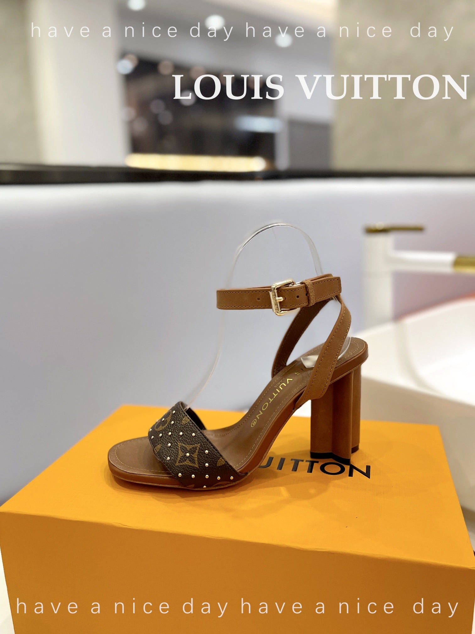 LV 26S HIGH HEEL SANDALS 80 MM IN BROWN MONOGRAM CANVAS WITH STUDS