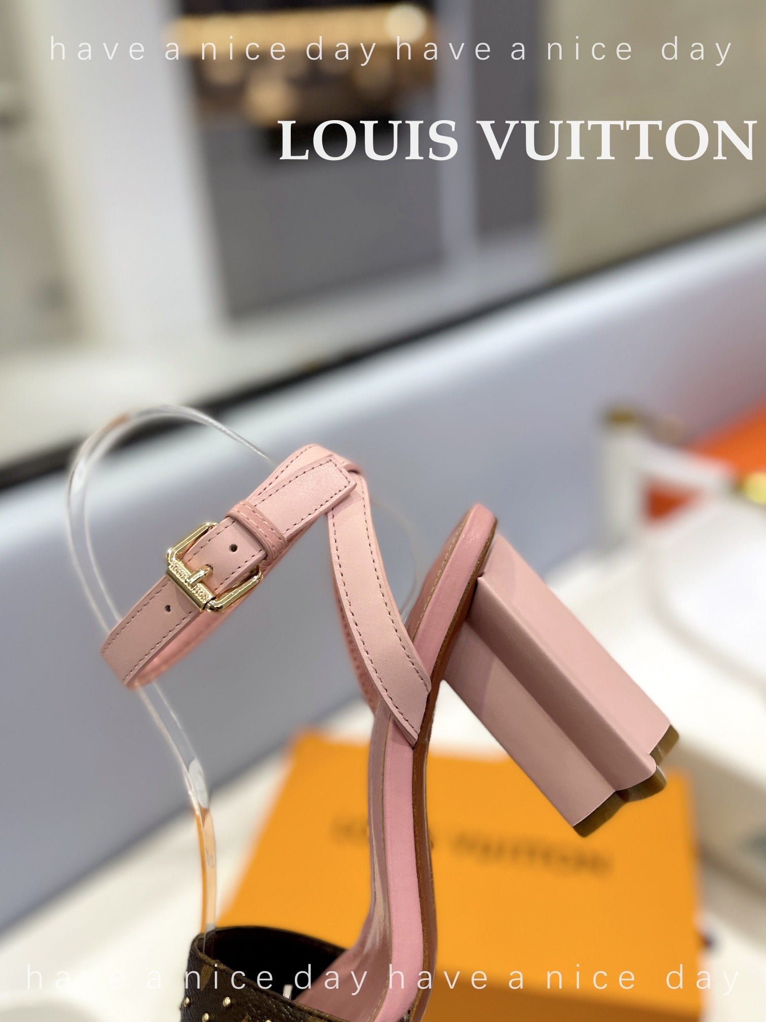 LV 26S HIGH HEEL SANDALS 80 MM IN LIGHT PINK AND DARK BROWN MONOGRAM CANVAS WITH STUDS