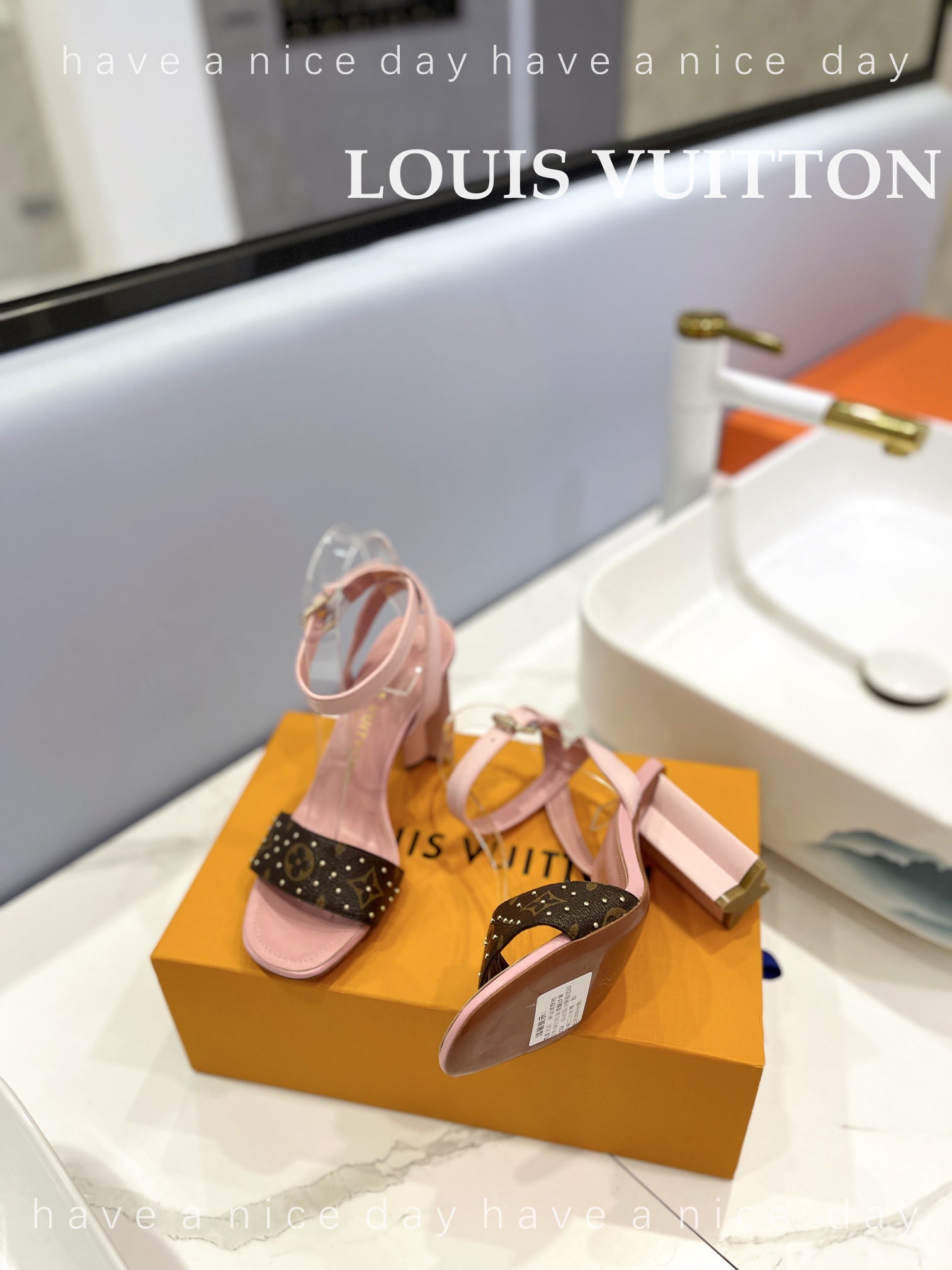 LV 26S HIGH HEEL SANDALS 80 MM IN LIGHT PINK AND DARK BROWN MONOGRAM CANVAS WITH STUDS