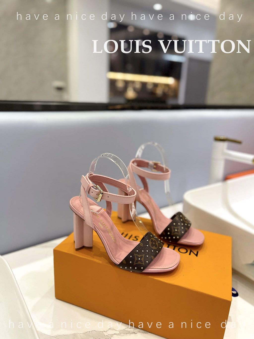 LV 26S HIGH HEEL SANDALS 80 MM IN LIGHT PINK AND DARK BROWN MONOGRAM CANVAS WITH STUDS