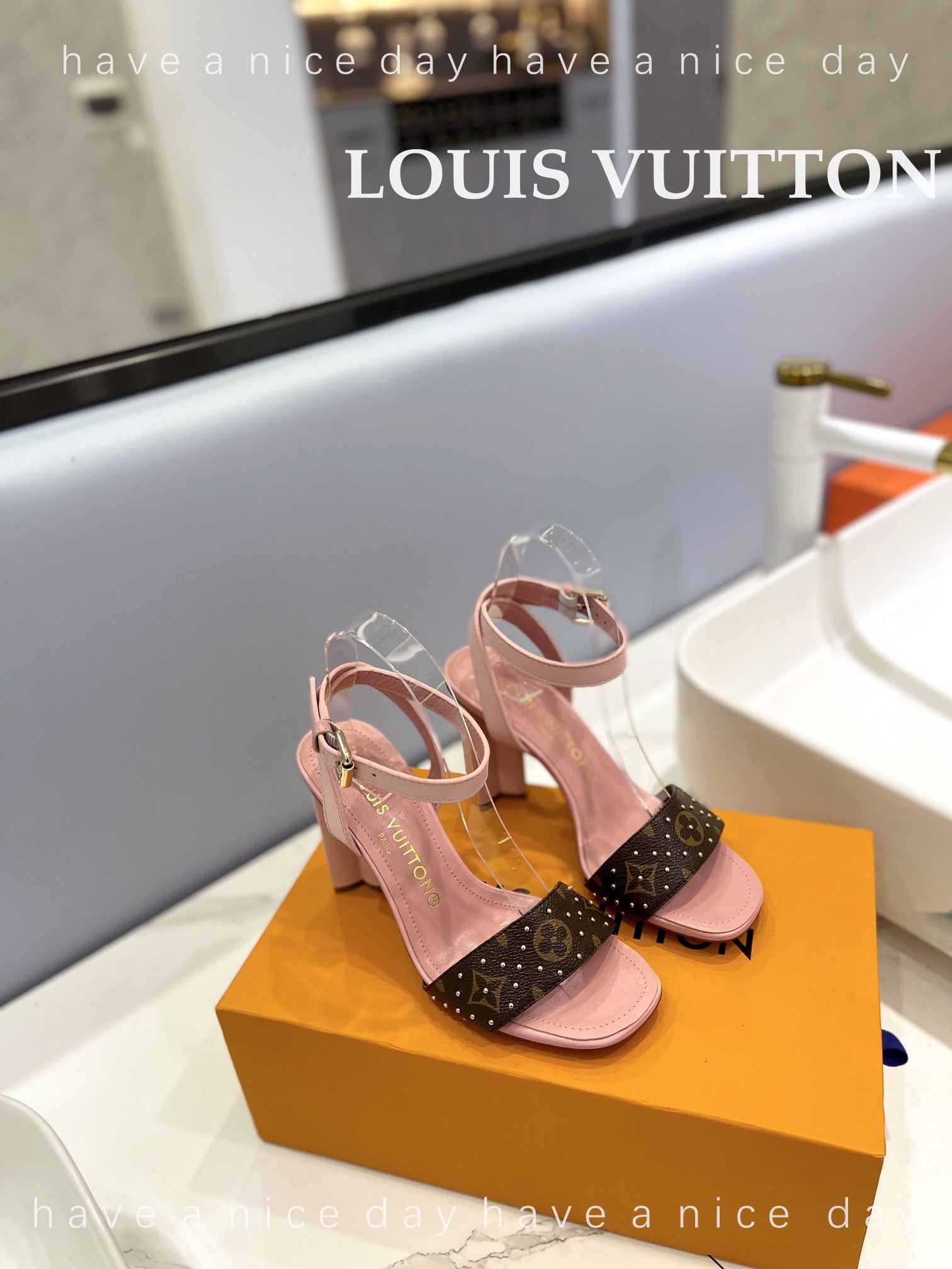 LV 26S HIGH HEEL SANDALS 80 MM IN LIGHT PINK AND DARK BROWN MONOGRAM CANVAS WITH STUDS