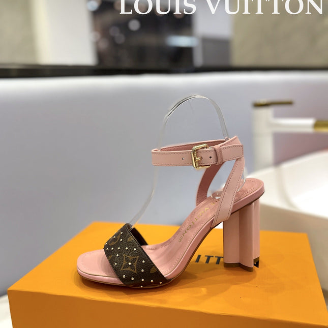 LV 26S HIGH HEEL SANDALS 80 MM IN LIGHT PINK AND DARK BROWN MONOGRAM CANVAS WITH STUDS