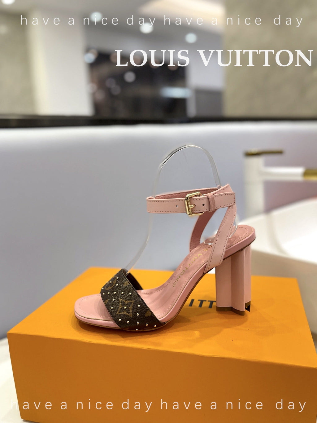LV 26S HIGH HEEL SANDALS 80 MM IN LIGHT PINK AND DARK BROWN MONOGRAM CANVAS WITH STUDS