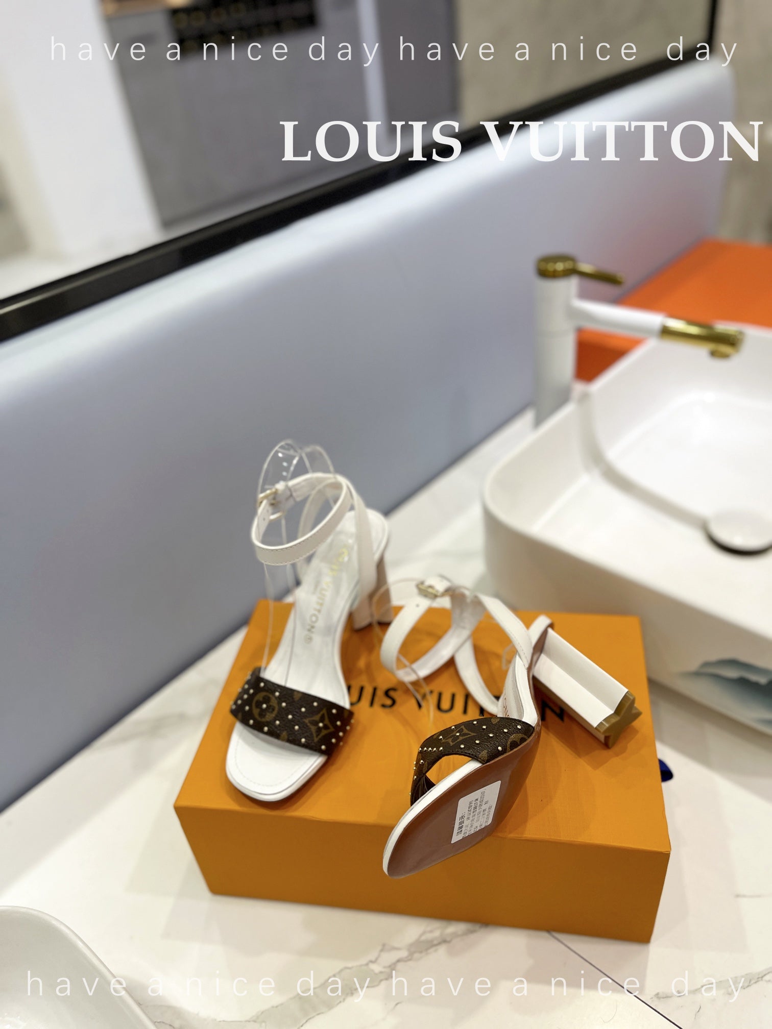 LV 26S HIGH HEEL SANDALS 80 MM IN WHITE AND DARK BROWN MONOGRAM CANVAS WITH STUDS