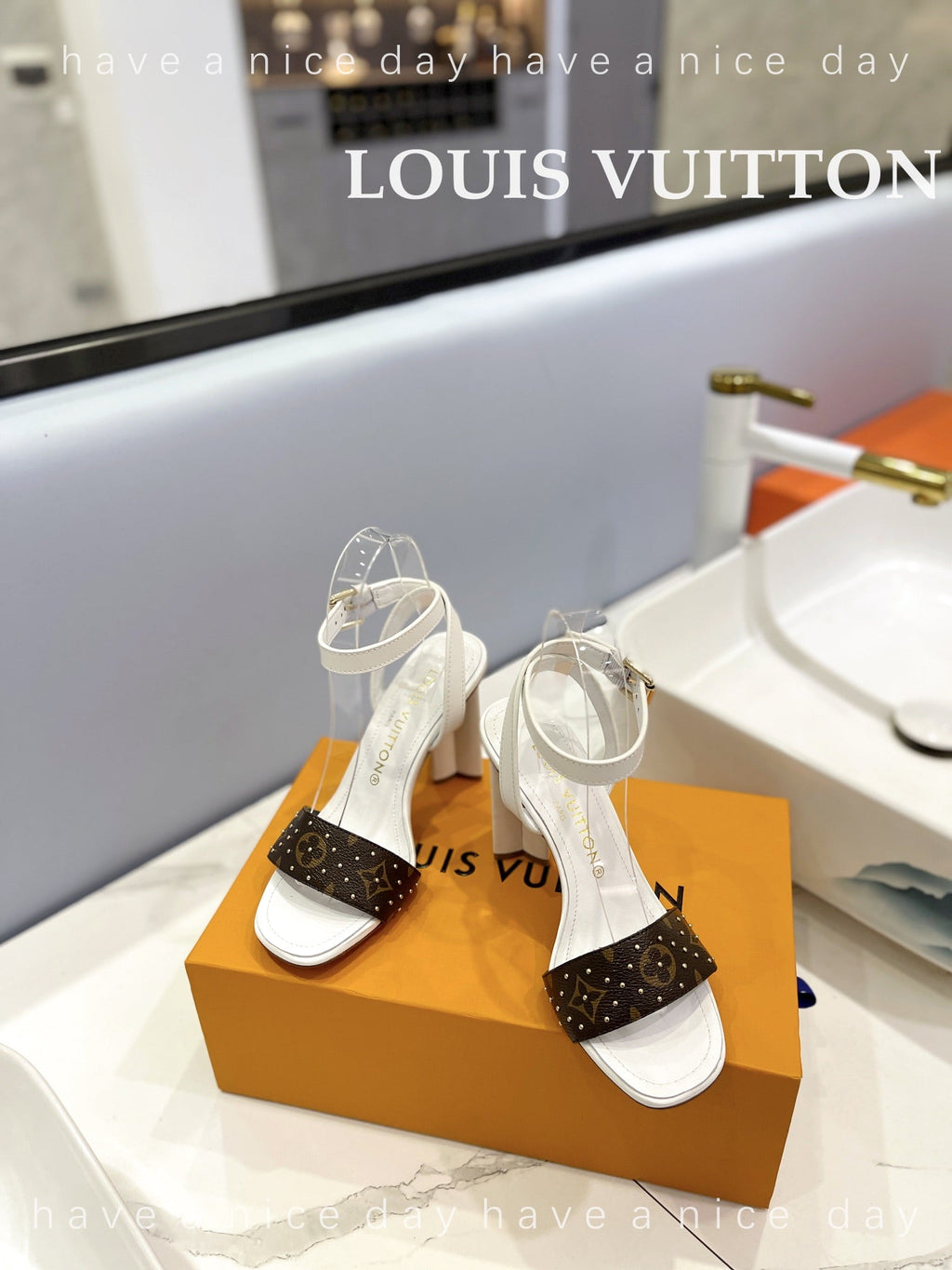 LV 26S HIGH HEEL SANDALS 80 MM IN WHITE AND DARK BROWN MONOGRAM CANVAS WITH STUDS