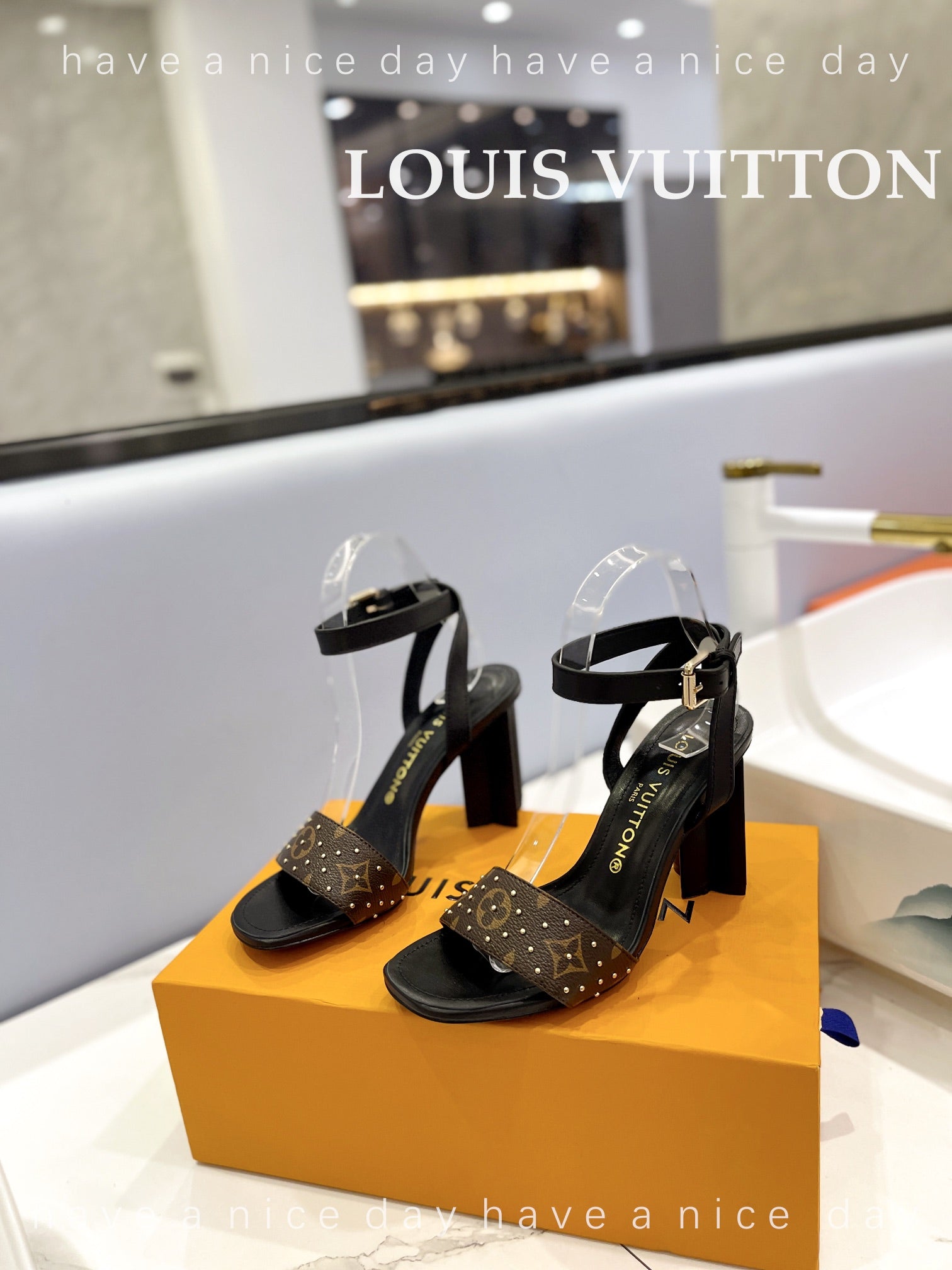 LV 26S HIGH HEEL SANDALS 80 MM IN BLACK AND DARK BROWN MONOGRAM CANVAS WITH STUDS