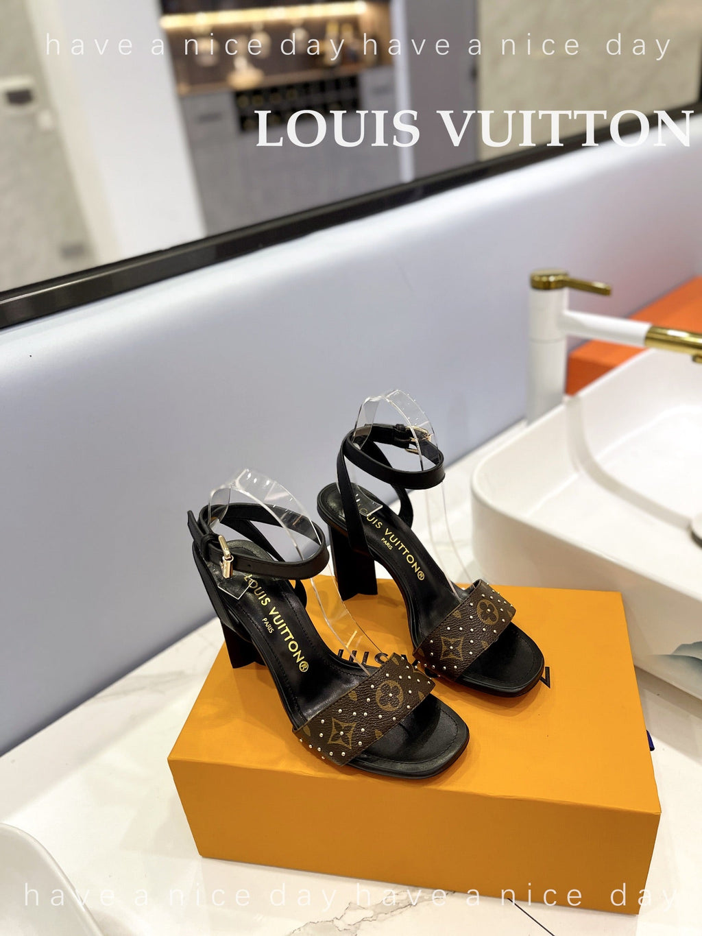 LV 26S HIGH HEEL SANDALS 80 MM IN BLACK AND DARK BROWN MONOGRAM CANVAS WITH STUDS