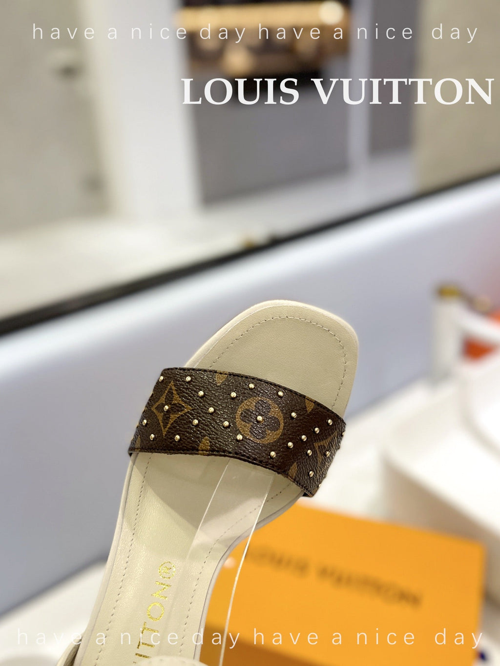 LV 26S HIGH HEEL SANDALS 80 MM IN BEIGE AND DARK BROWN MONOGRAM CANVAS WITH STUDS