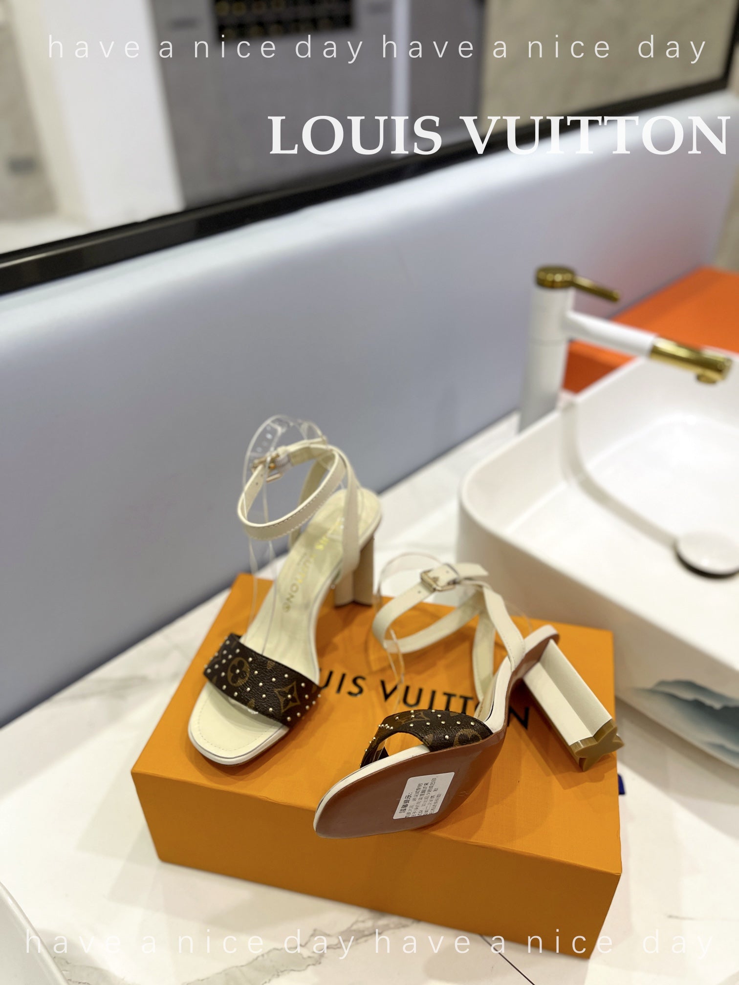 LV 26S HIGH HEEL SANDALS 80 MM IN BEIGE AND DARK BROWN MONOGRAM CANVAS WITH STUDS