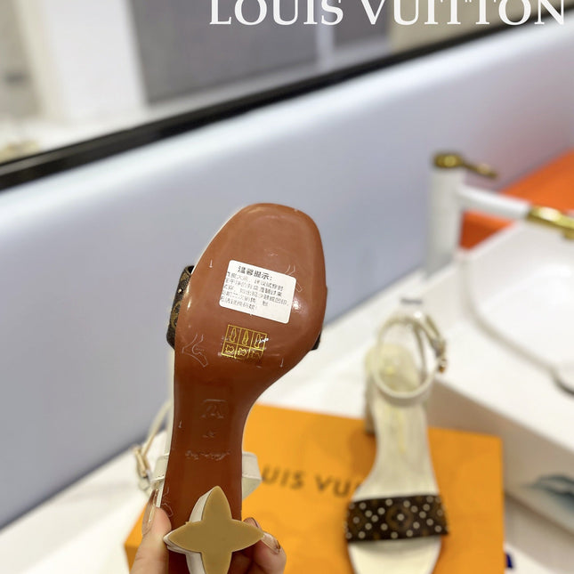 LV 26S HIGH HEEL SANDALS 80 MM IN BEIGE AND DARK BROWN MONOGRAM CANVAS WITH STUDS