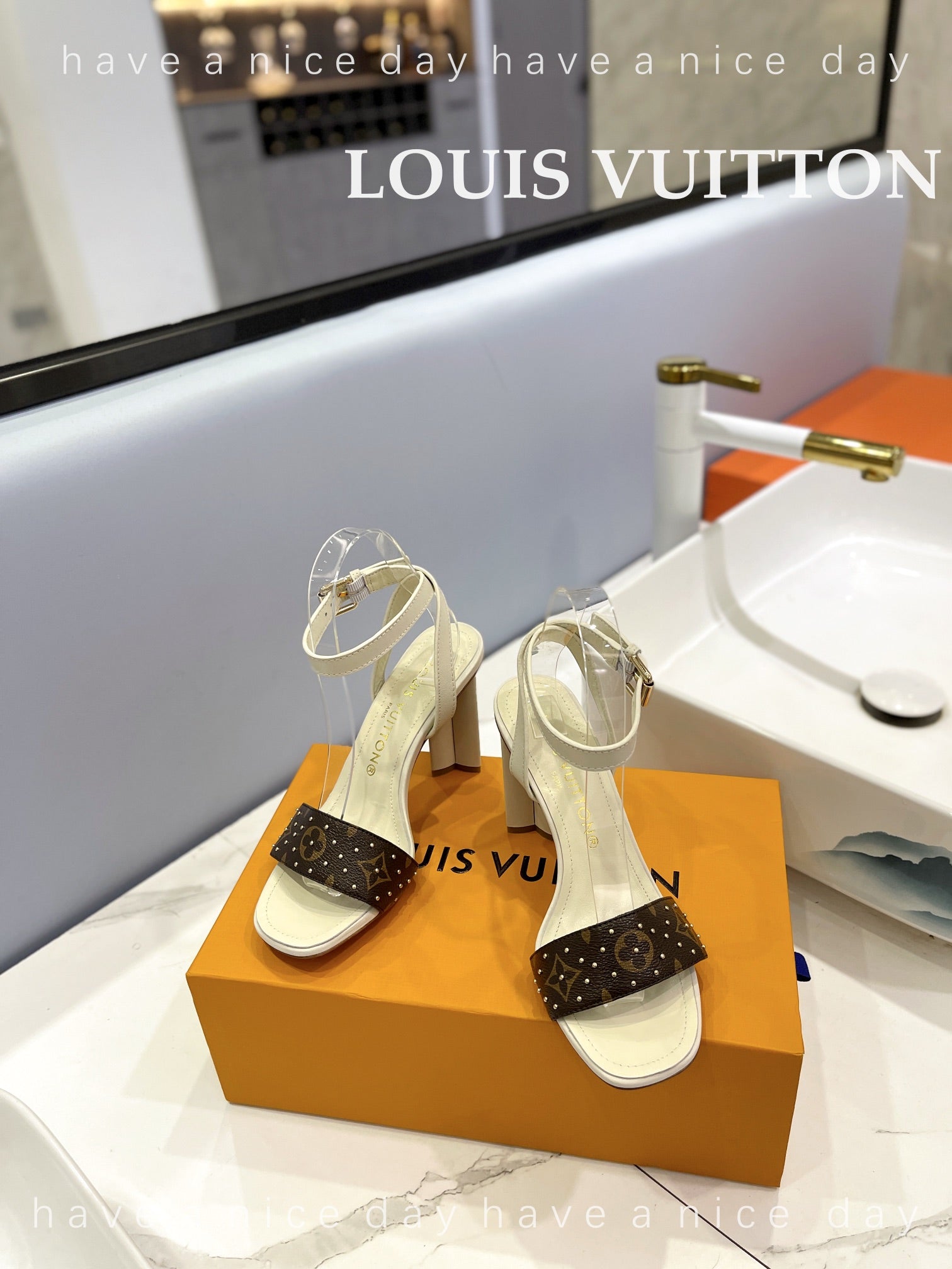 LV 26S HIGH HEEL SANDALS 80 MM IN BEIGE AND DARK BROWN MONOGRAM CANVAS WITH STUDS