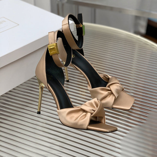 BALMAIN 25S KNOTTED HIGH HEELS 95MM IN LIGHT CARAMEL SATIN