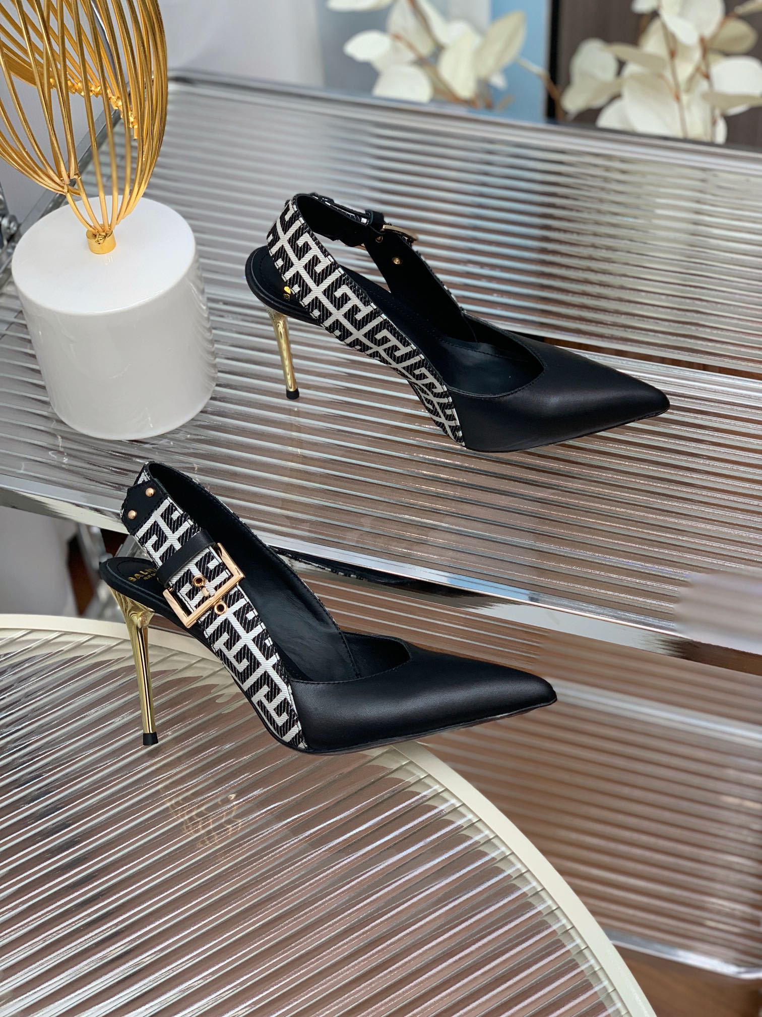 BALMAIN 25S SLINGBACK SHOES 95MM IN BLACK CALFSKIN