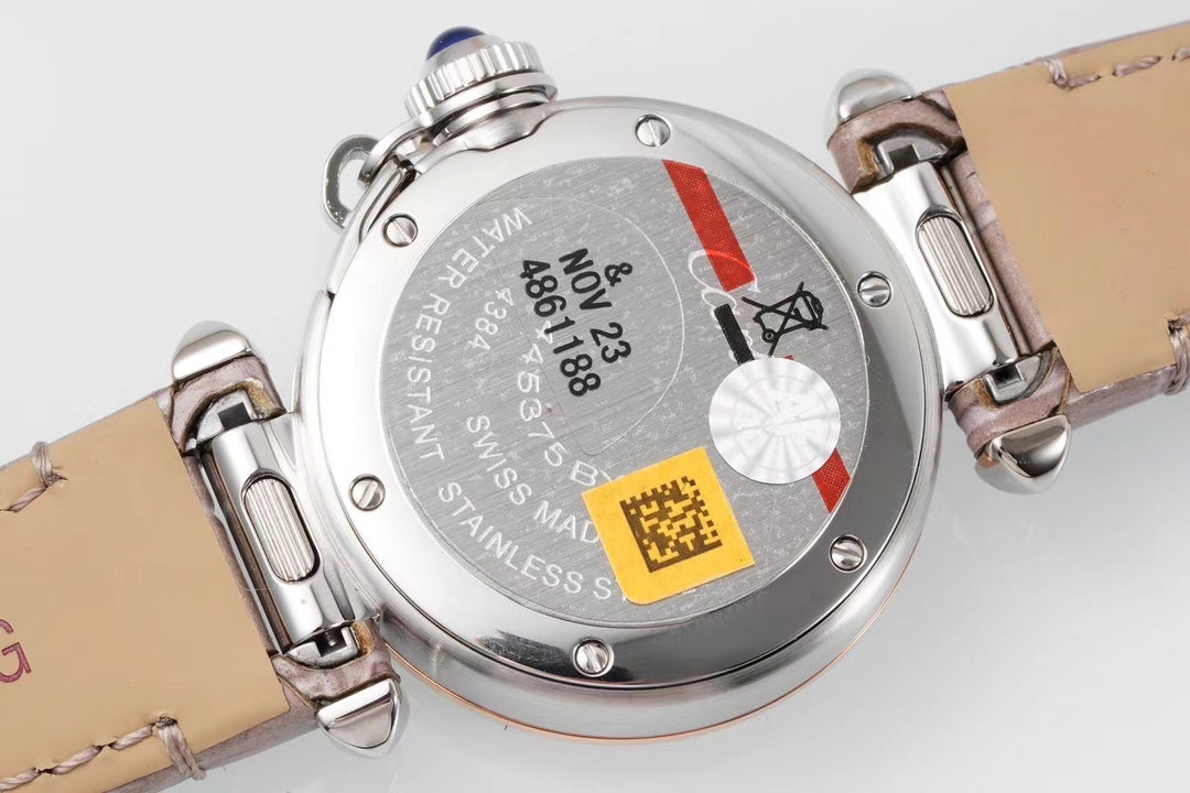 PASHA DE CARTIER WATCH ROSE GOLD AND SILVER CASE AND ROSE BROWN LEATHER STRAP