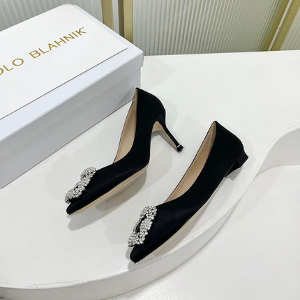 Manolo Hangisi Black Satin Jewel Buckle Pump 95