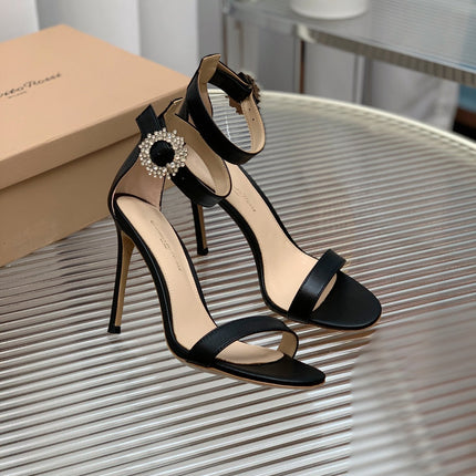 GIANVITO ROSSI 26S HIGH HEEL SANDALS 105 MM IN BLACK LAMBSKIN WITH CRYSTAL BUCKLE