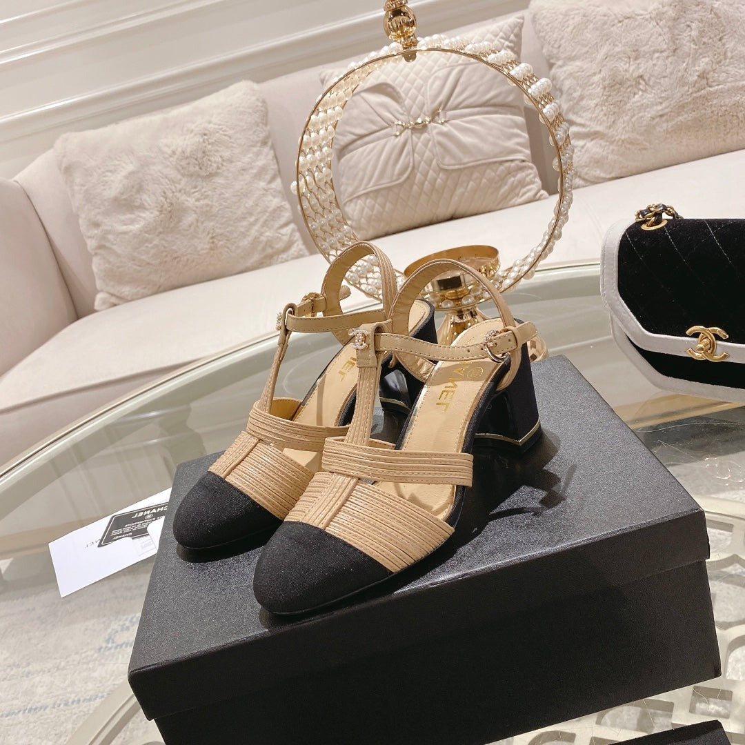 Double C  Heeled Sandals Tan Cream Lambskin