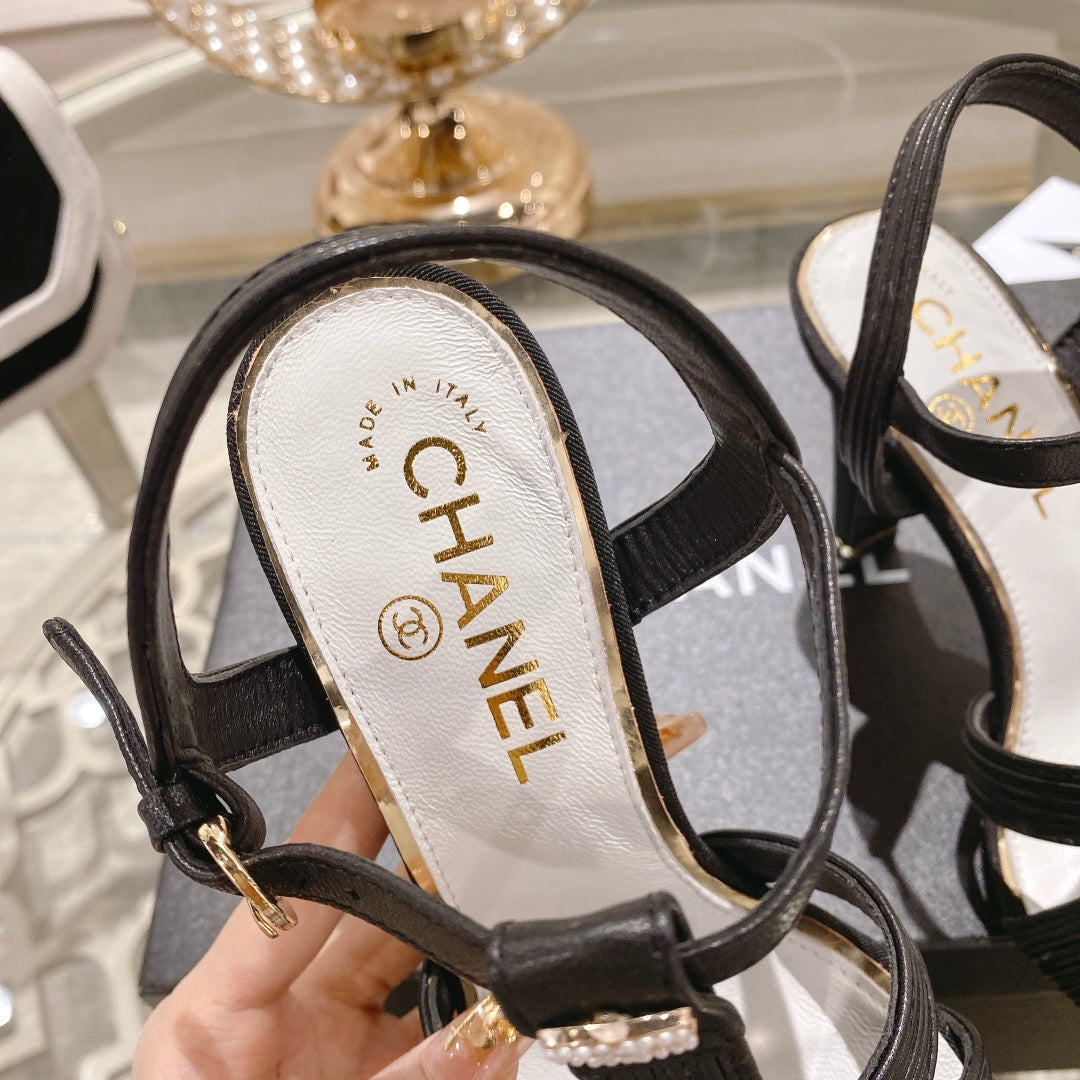 Double C  Heeled Sandals Black Lambskin