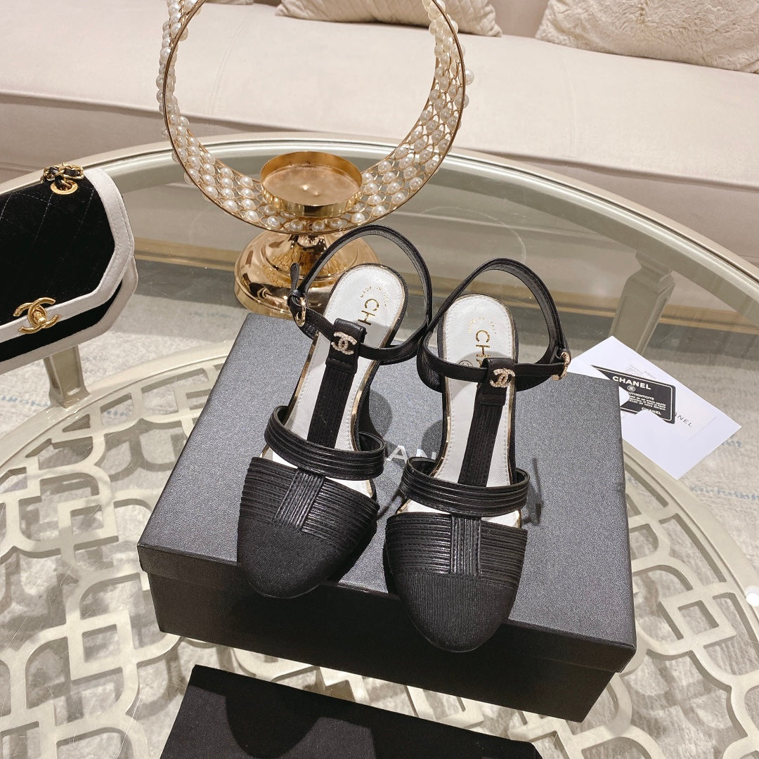 Double C  Heeled Sandals Black Lambskin