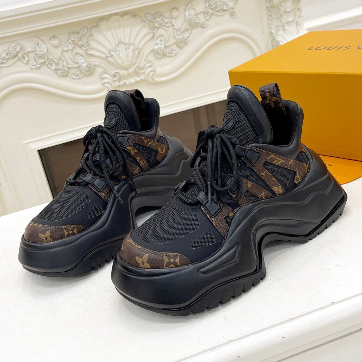 LV ARCHLIGHT 2.0 PLATFORM SNEAKER IN BLACK MIX CHOCOLATE BROWN MIX OF MATERIALS