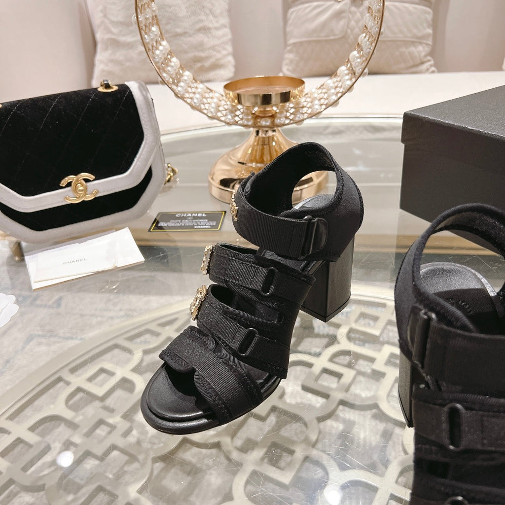 Double C  Xiaoxiang Chain Fabric Head Chunky Heel Sandals Black Lambskin