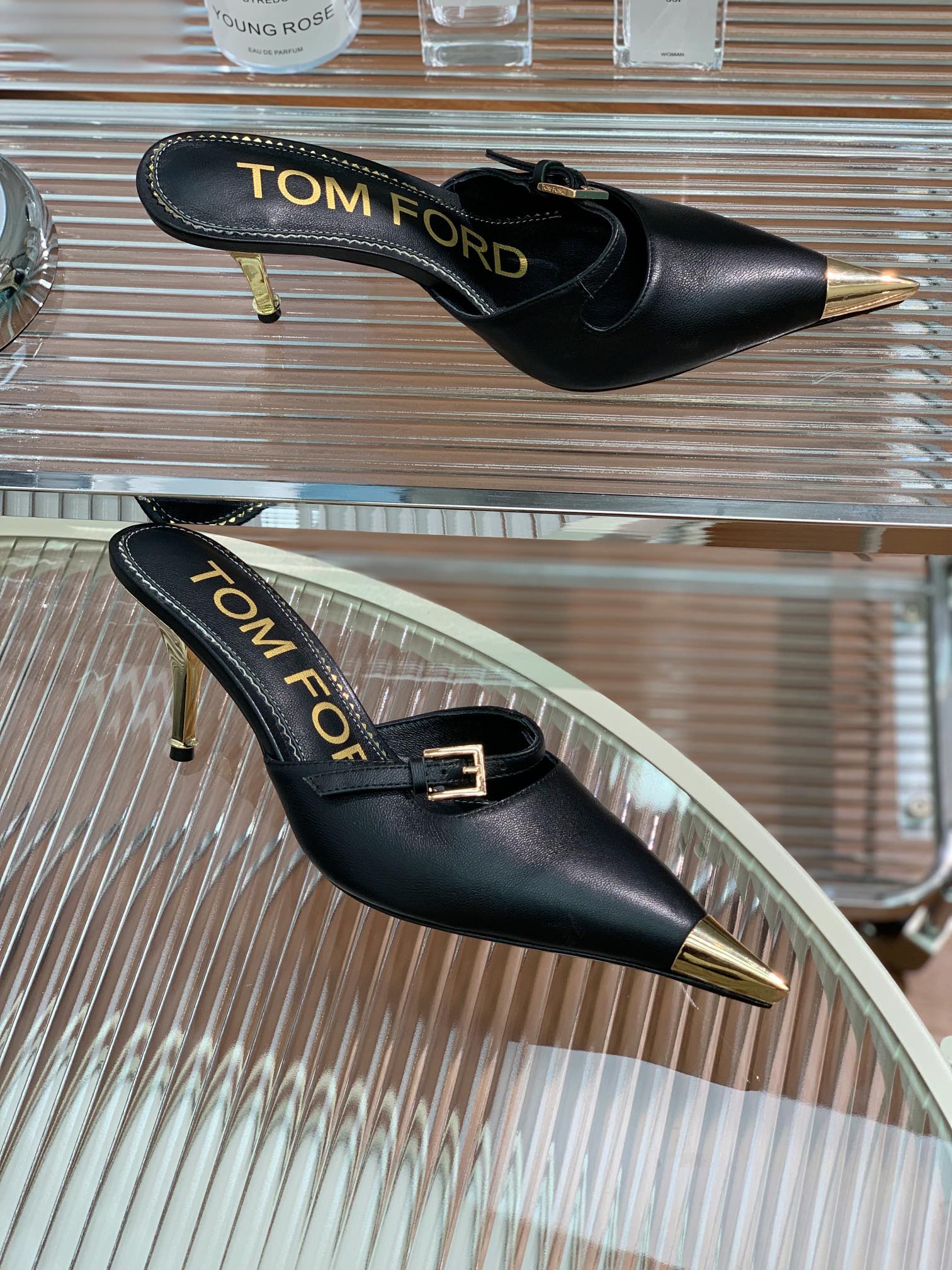 HIGH PUMP MULE 7 CM IN BLACK CALFSKIN