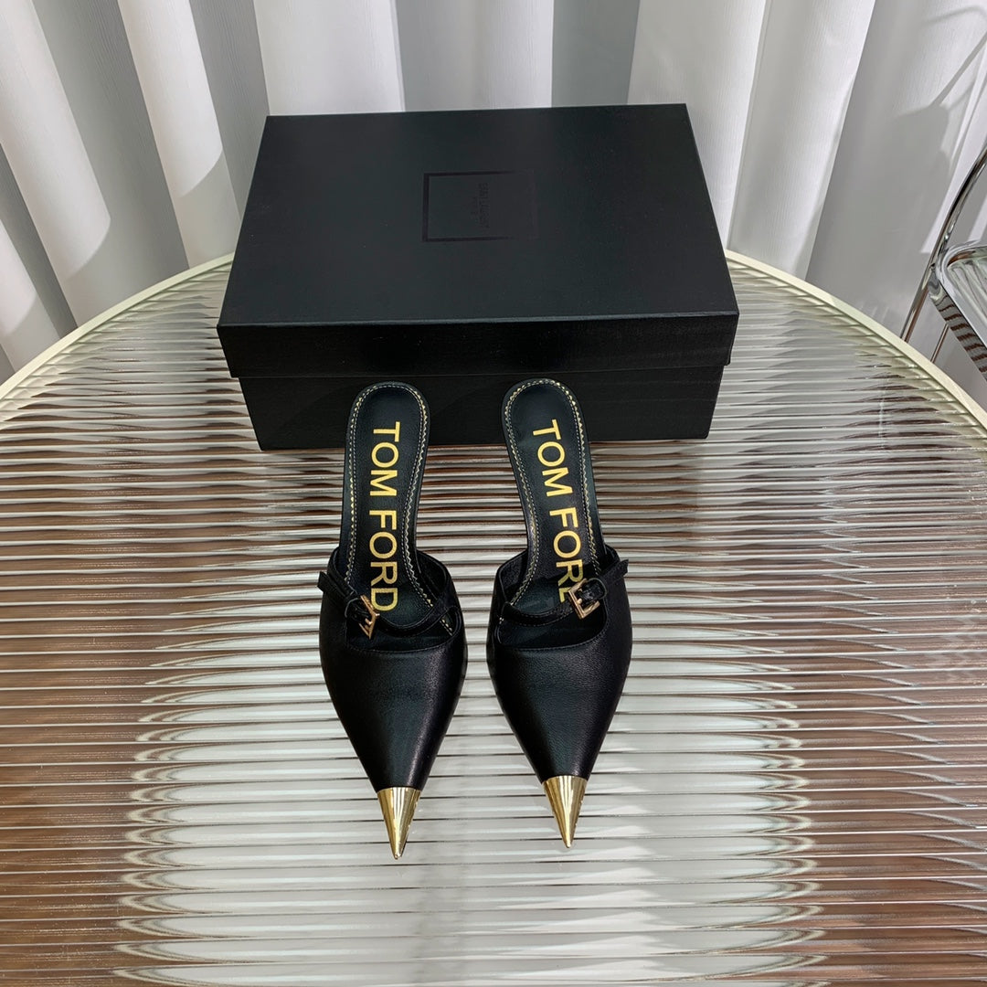 HIGH PUMP MULE 7 CM IN BLACK CALFSKIN