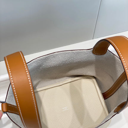 HERMES 25S PICOTIN LOCK 18 IN BURNT ORANGE AND IVORY CALFSKIN SILVER HARDWARE