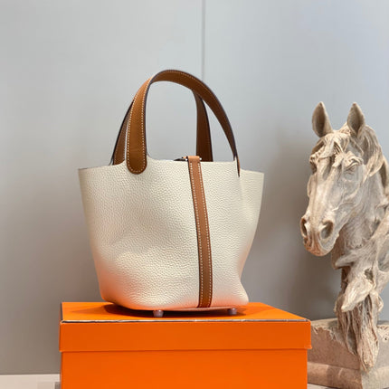 HERMES 25S PICOTIN LOCK 18 IN BURNT ORANGE AND IVORY CALFSKIN SILVER HARDWARE
