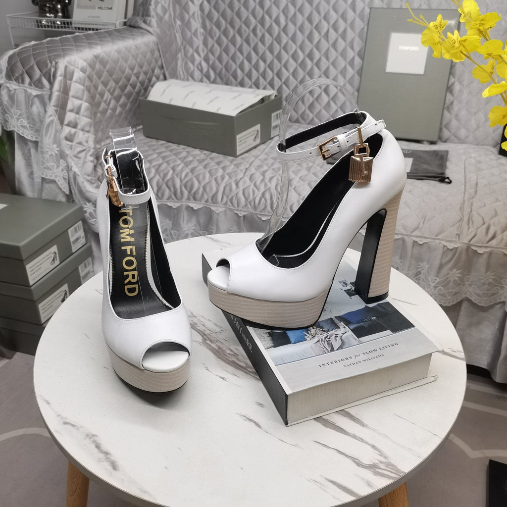 PADLOCK PLATFORM PEEP TOE PUMP 14 CM IN WHITE CALFSKIN