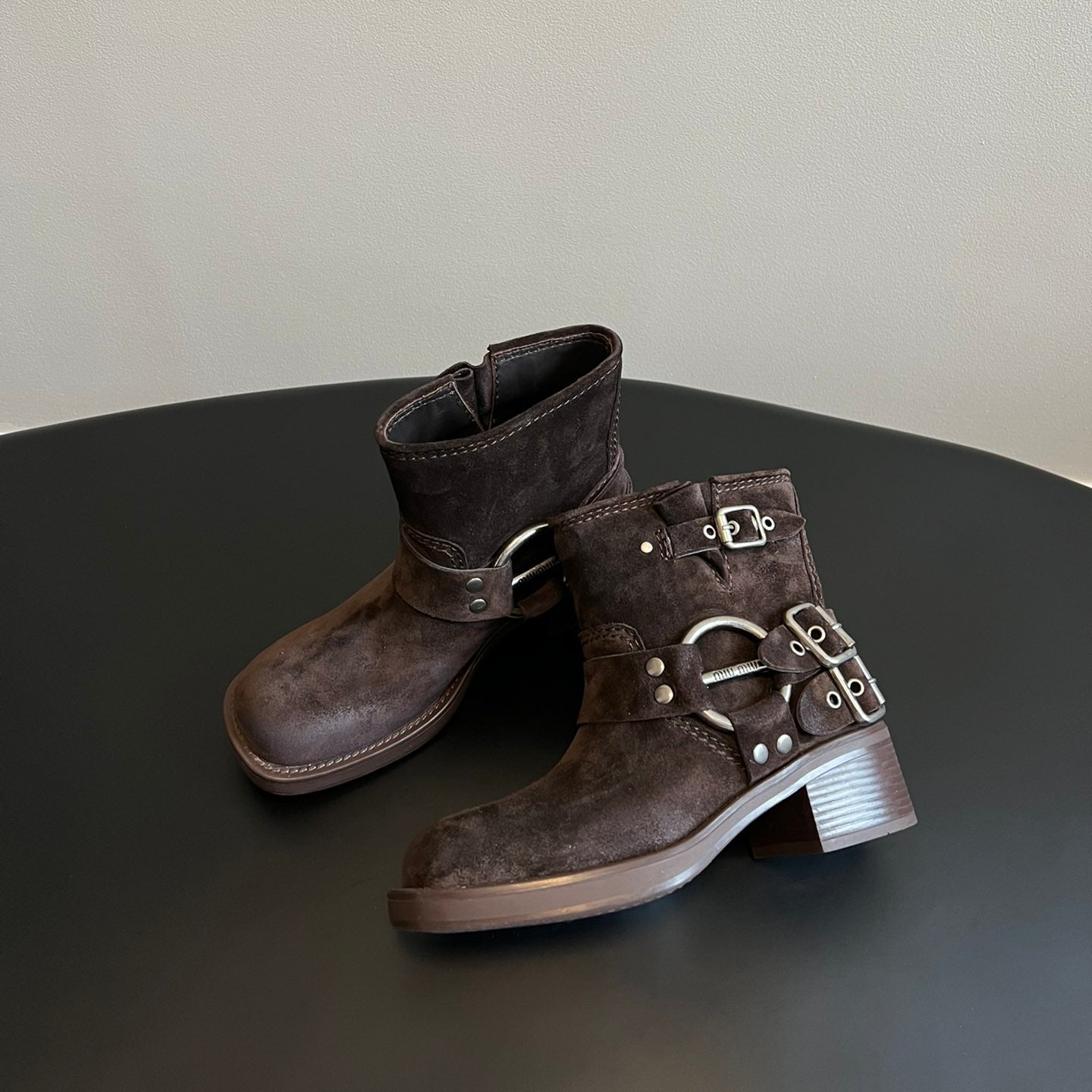MIUMIU 26S ANKLE BOOTS IN DARK BROWN SUEDE SILVER HARDWARE
