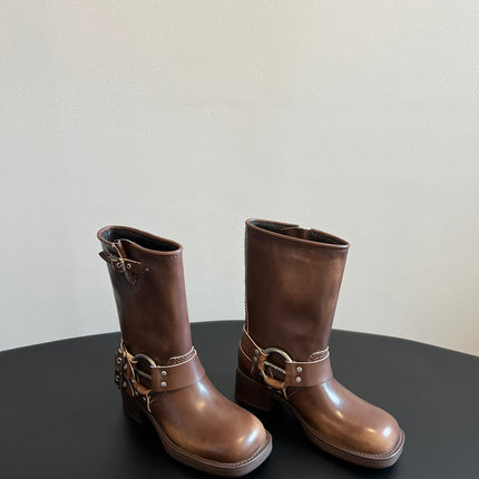 MIUMIU 26S MID-CALF BOOTS IN BROWN CALFSKIN SILVER HARDWARE