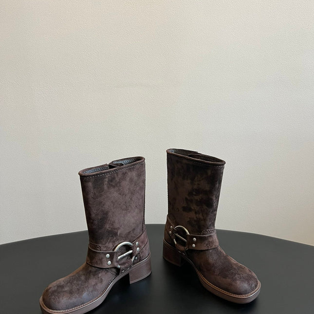 MIUMIU 26S MID-CALF BOOTS IN DARK BROWN SUEDE SILVER HARDWARE