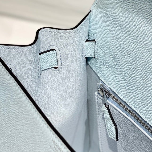 KELLY 28CM IN BLUE BRUME EPSOM CALFSKIN PALLADIUM HARDWARE