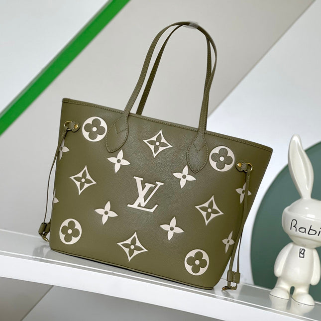 NEVERFULL MM 32 KHAKI CREAM MONOGRAM EMPREINTE LEATHER