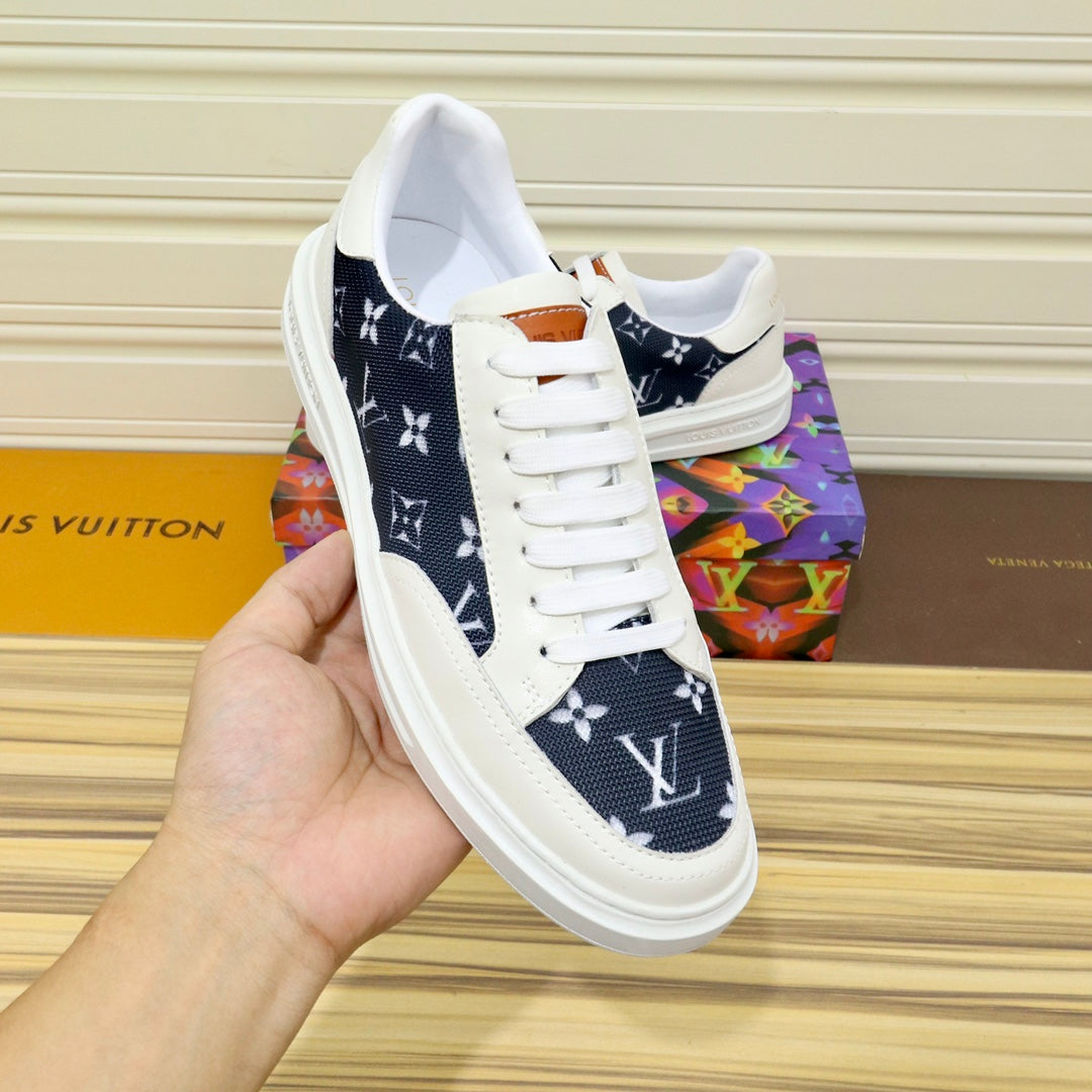 LV TRAINER SHOES BLACK MONOGRAM JACQUARD AND WHITE CALFSKIN