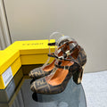 FENDI DELFINA HIGH-HEELED 85 MM SANDAL IN BROWN MONOGRAM FF CANVAS