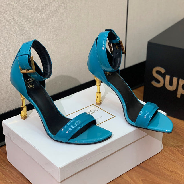 BALMAIN 26S METAL-HEEL SANDALS 105 MM IN CERULEAN BLUE CALFSKIN