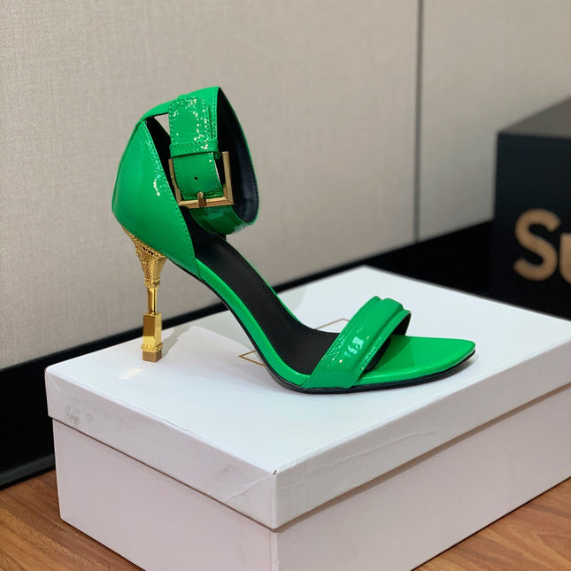 BALMAIN 26S METAL-HEEL SANDALS 105 MM IN GREEN CALFSKIN