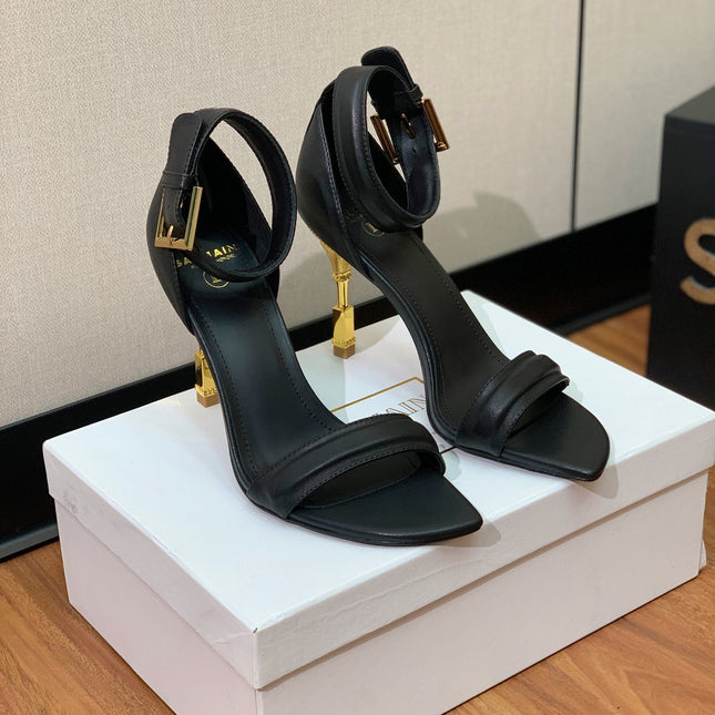 BALMAIN 26S METAL-HEEL SANDALS 105 MM IN BLACK CALFSKIN