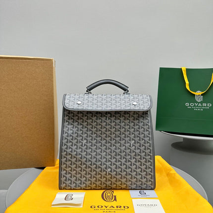 LEGER BACKPACK 37 IN GRAY GOYARDINE CANVAS WITH CALFSKIN TRIM