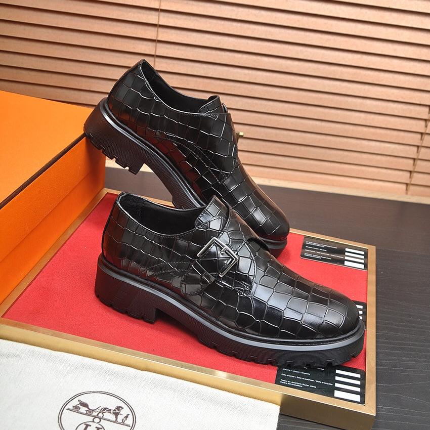 HM MONK STRAP BLACK WITH CROCODILE MOTIF CALFSKIN