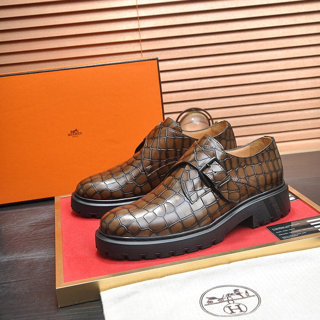 HM MONK STRAP CARAMEL WITH CROCODILE MOTIF CALFSKIN