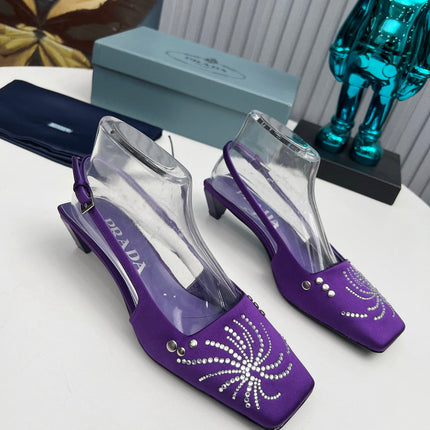 PRADA 26S SLINGBACK PUMPS 40MM IN PURPLE SATIN CRYSTAL EMBELLISHED
