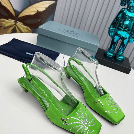 PRADA 26S SLINGBACK PUMPS 40MM IN APPLE GREEN SATIN CRYSTAL EMBELLISHED