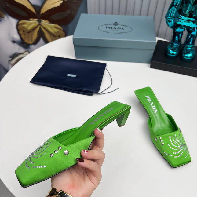 PRADA 26S MULE 40MM IN APPLE GREEN SATIN CRYSTAL EMBELLISHED