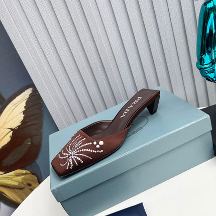 PRADA 26S MULE 40MM IN DARK BROWN SATIN CRYSTAL EMBELLISHED
