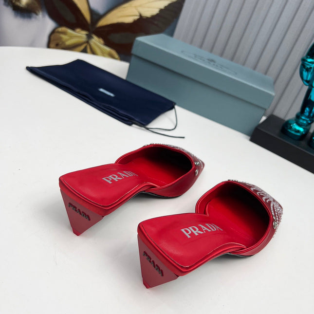 PRADA 26S MULE 40MM IN DARK RED SATIN CRYSTAL EMBELLISHED