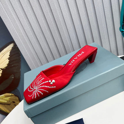 PRADA 26S MULE 40MM IN DARK RED SATIN CRYSTAL EMBELLISHED